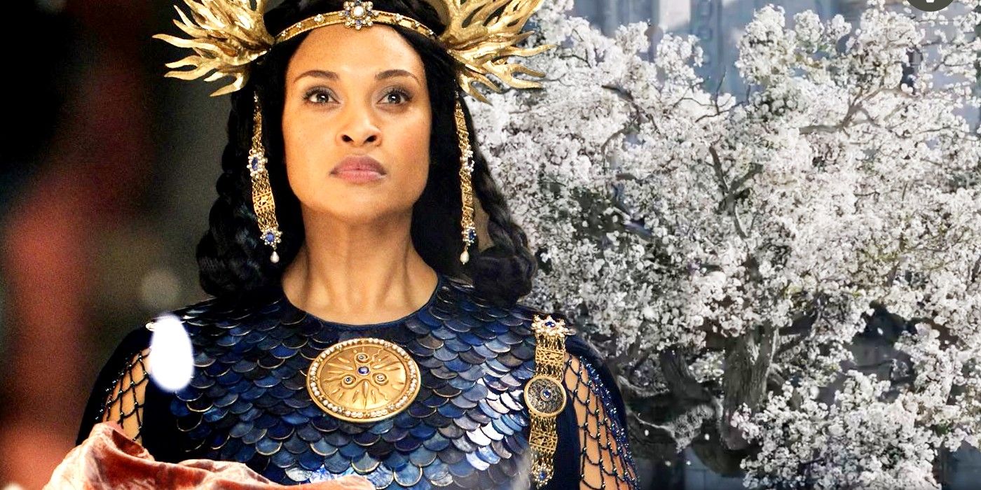 Cynthia Addai Robinson as Miriel and white tree of Numenor in Rings of Power