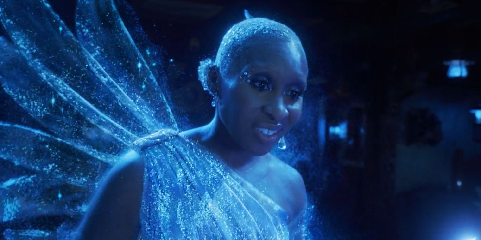 Cynthia Erivo as the Blue Fairy talking to Pinocchio and Jiminy Cricket in Pinocchio (2022)