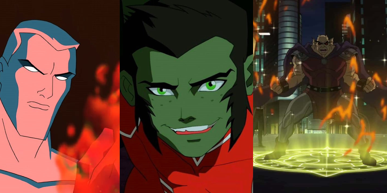 Split image of Captain Atom, Beast Boy, and Etrigan