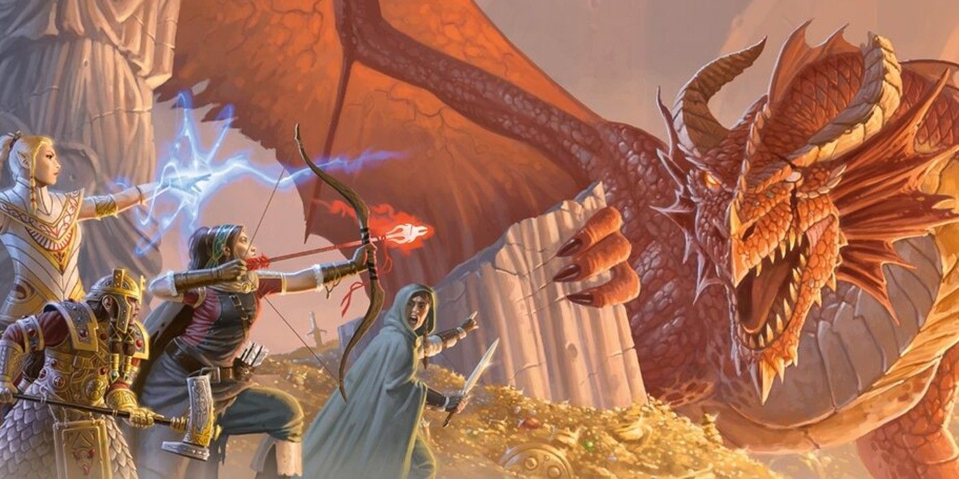 A D&D party fighting a red dragon.