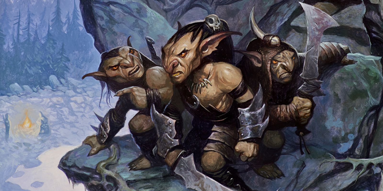 Para goblin D&D yang bergelantungan di tepi tebing memegang senjata mereka dan tampak marah