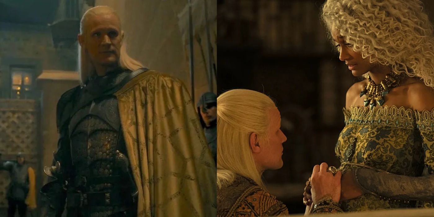 Daemon Targaryen wearing his gold cloak alongside an image of him with his second wife Laena Velaryon in House of the Dragon. 