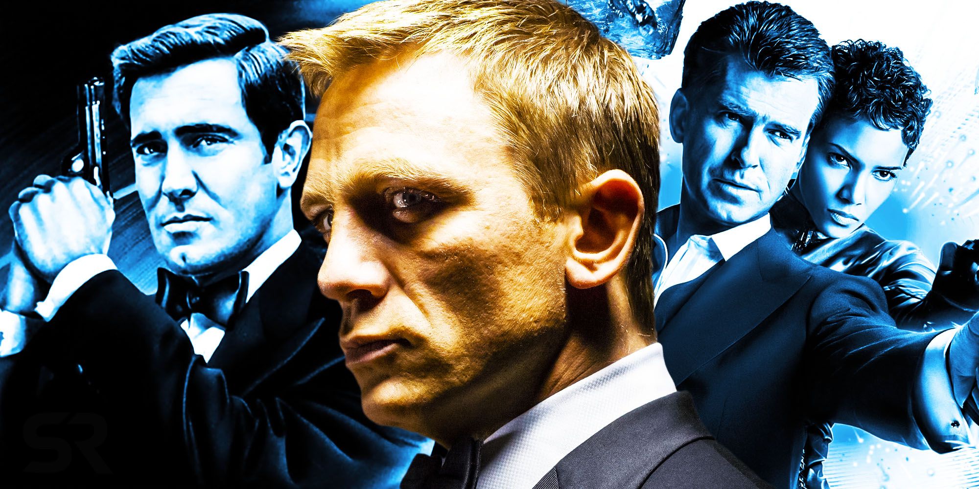 Collage of Daniel Craig Pierce Brosnan George Lazenby James bond on her majesty secret service