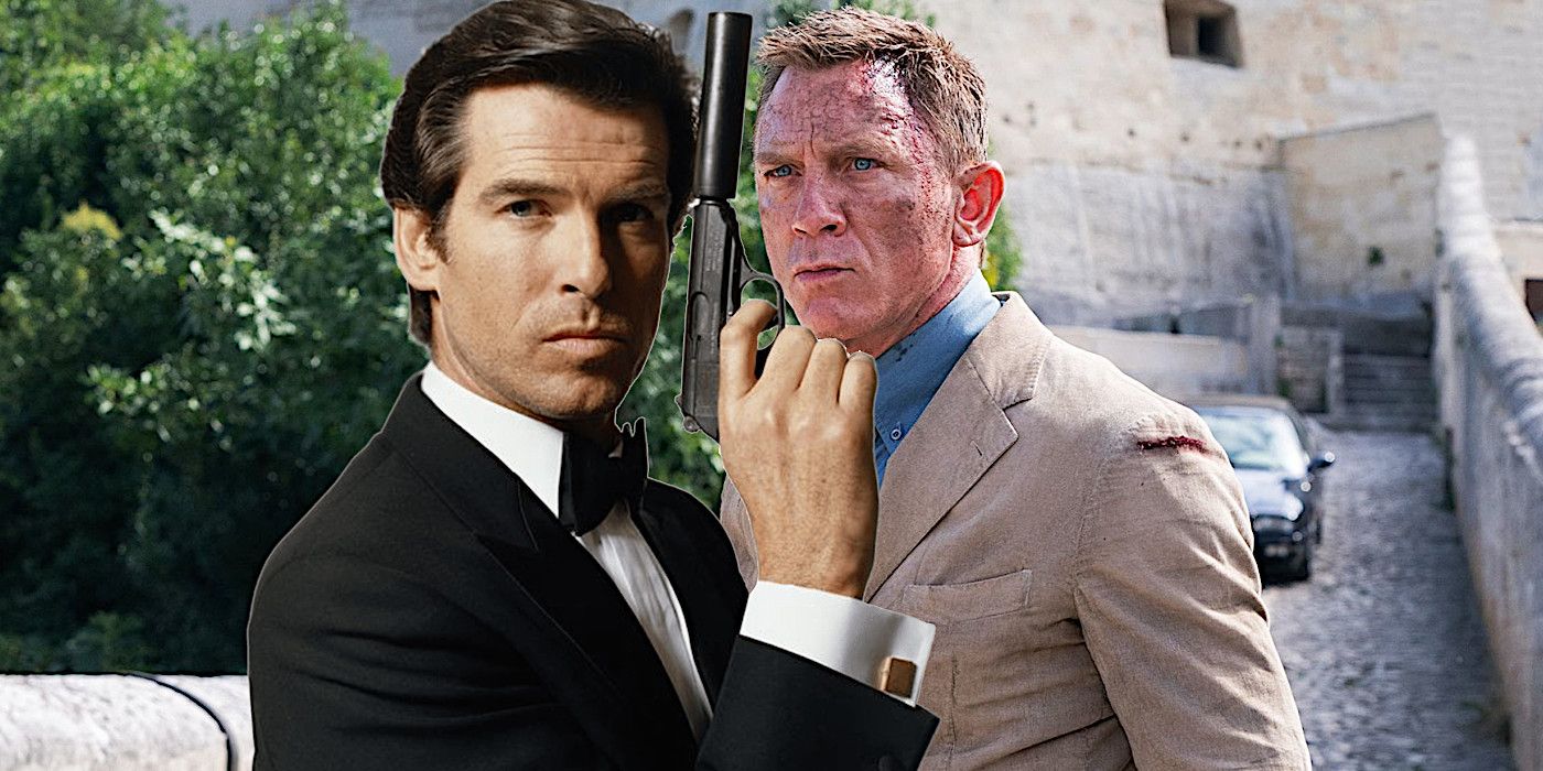 Pierce Brosnan as James Bond in a tux pointing a gun upward in front of Daniel Craig as Bond in a suit on a bridge in an action scene