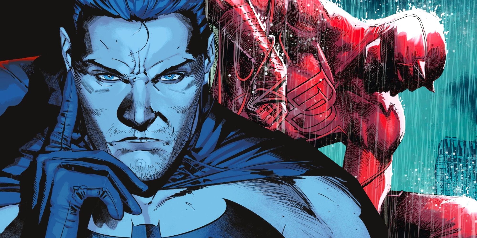Unmasked Batman (foreground, blue-grey color) with Daredevil (background), in full red, in the rain
