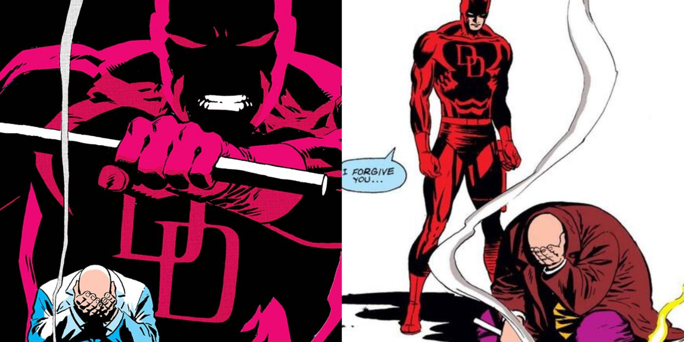 Split image of Last Rites art with Daredevil looming over a defeated Kingpin.