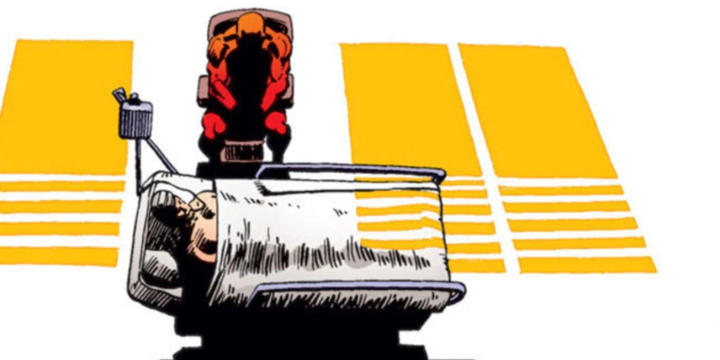 Daredevil sitting at the bedside of a hospitalized Bullseye in Roulette.