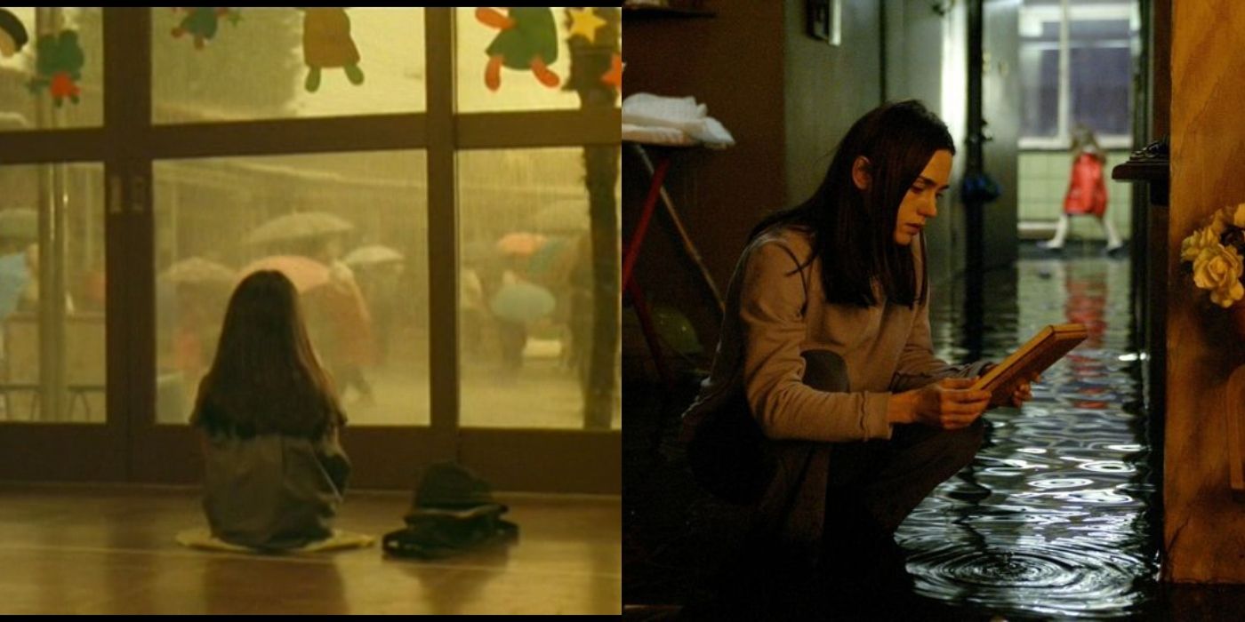 Imagem dividida de uma criança assistindo janelas e Dahlia em Dark Water 2002 e 2005
