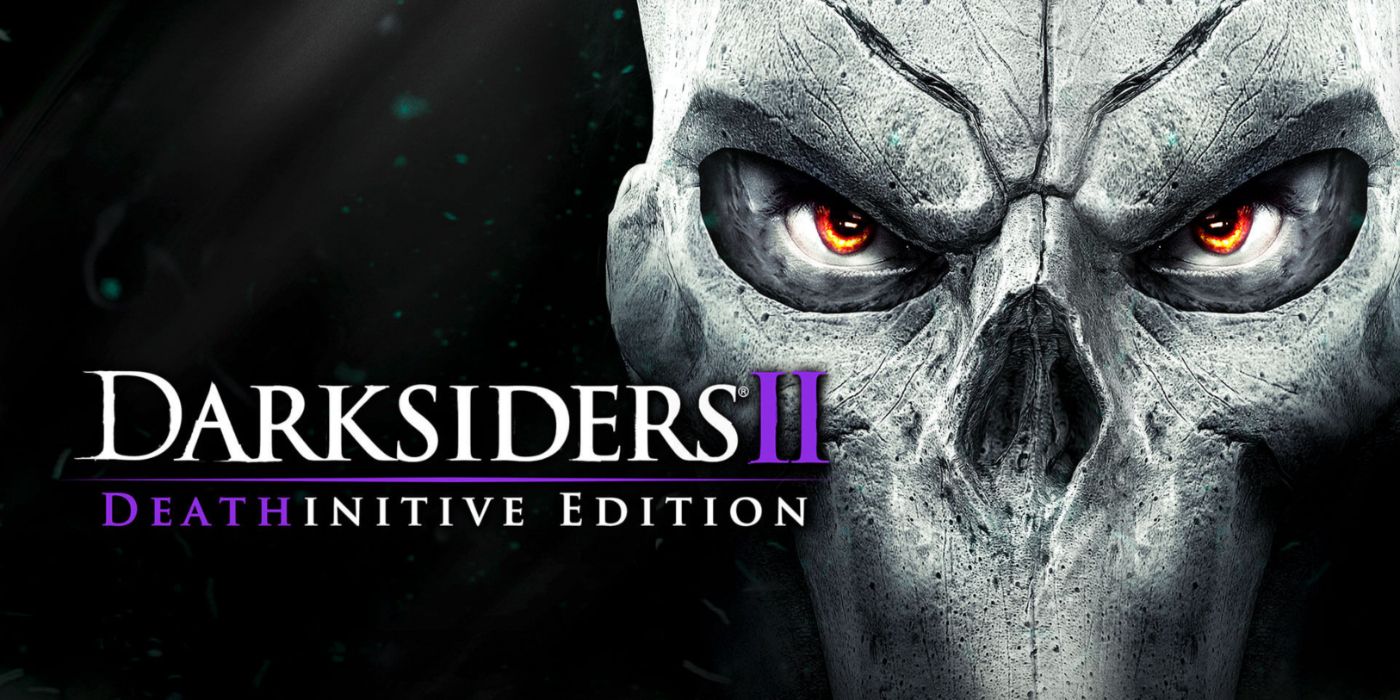 Darksiders II promo art featuring a closeup of Death's masked face.