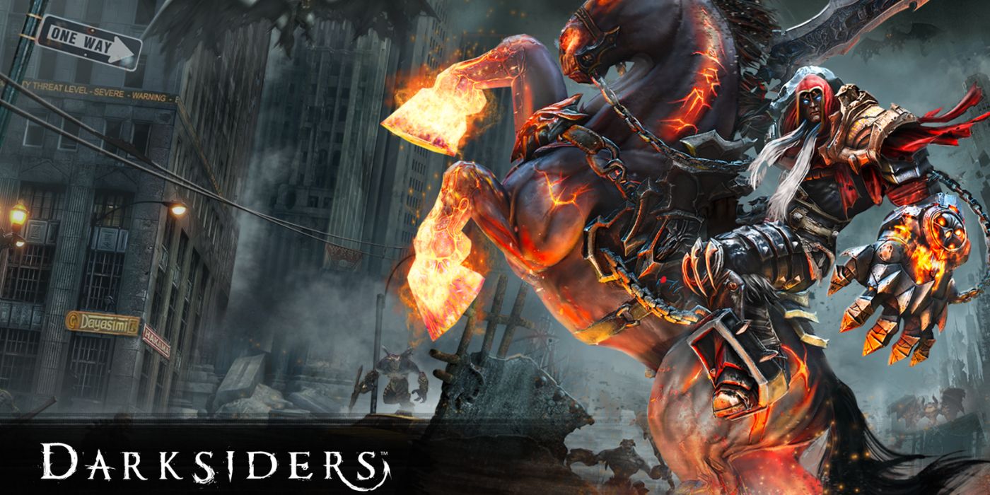 Darksiders promo art featuring War riding his horse with a ravaged city in the background.