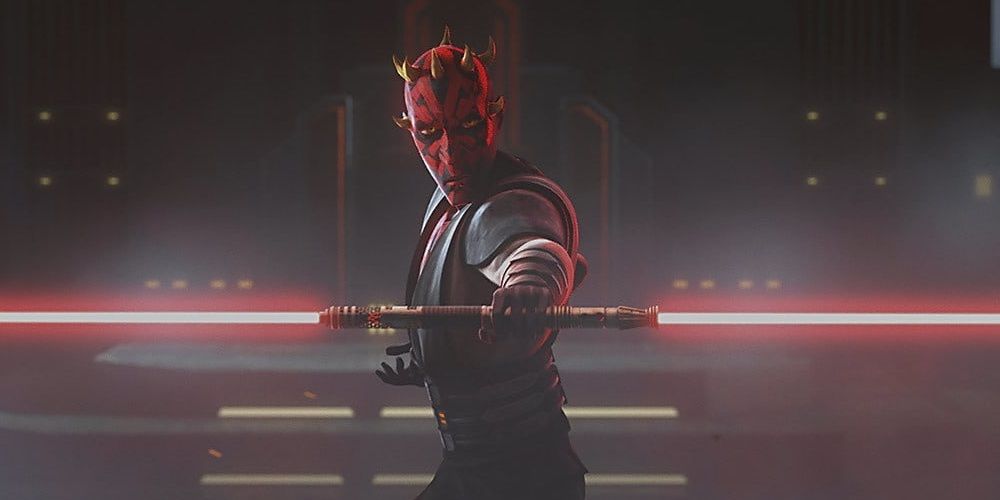 Darth Maul en forma animada con su sable de luz de doble hoja