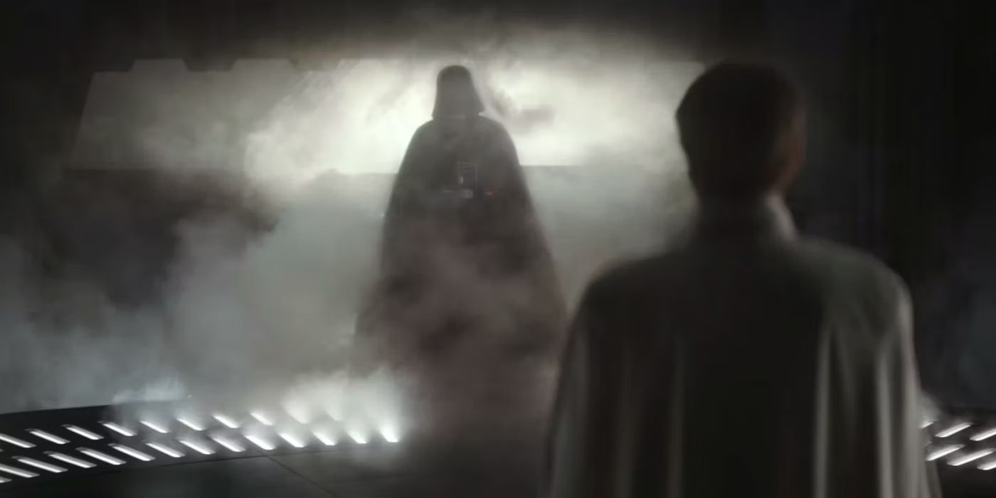 Darth Vader standing in the smoke.