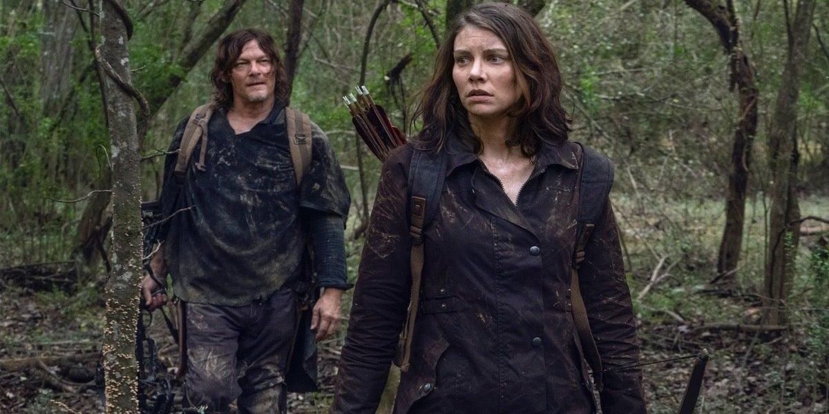 Daryl and Maggie walk in the woods in The Walking Dead 