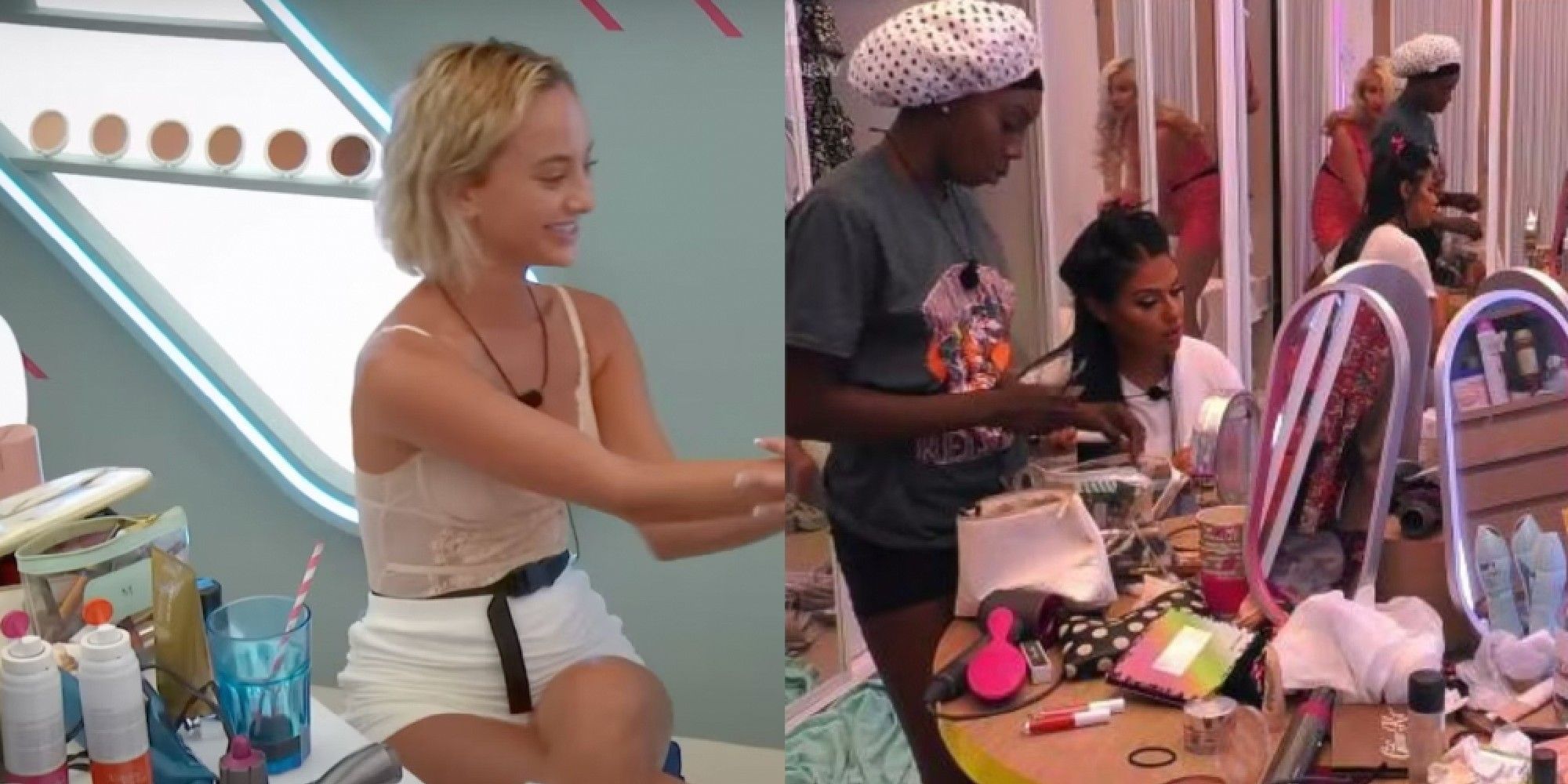 Split image of Dated & Related and Love Island make up rooms