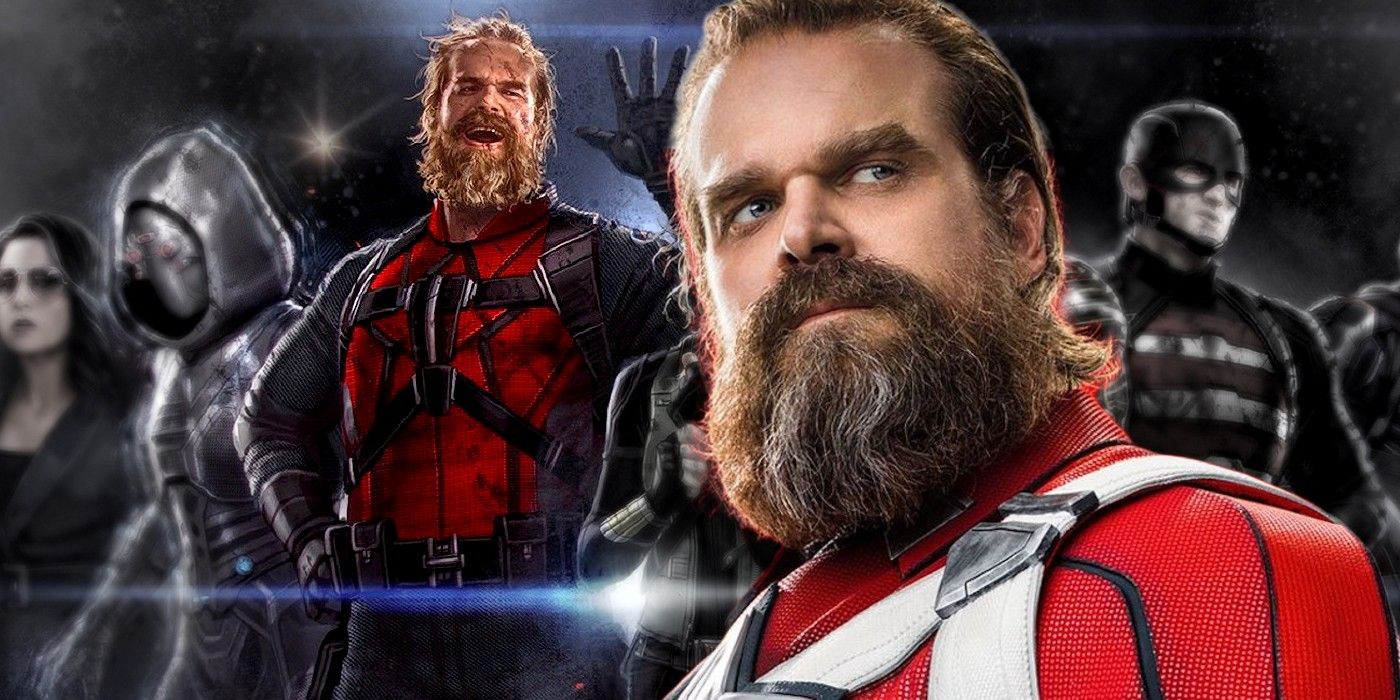 David Harbour as Red Guardian superimposed over Thunderbolts cast concept art image