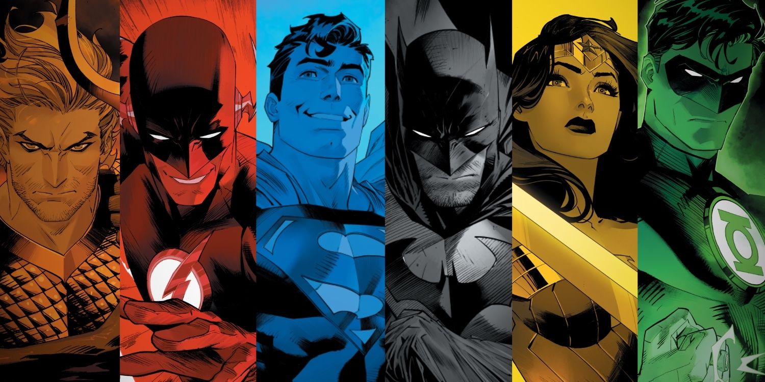 Comic book art: the Justice League rendered in different colors.
