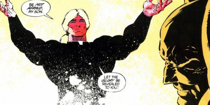 Comic book panel: Deacon Blackfire preaching to a bound Batman with blinding flames behind him.