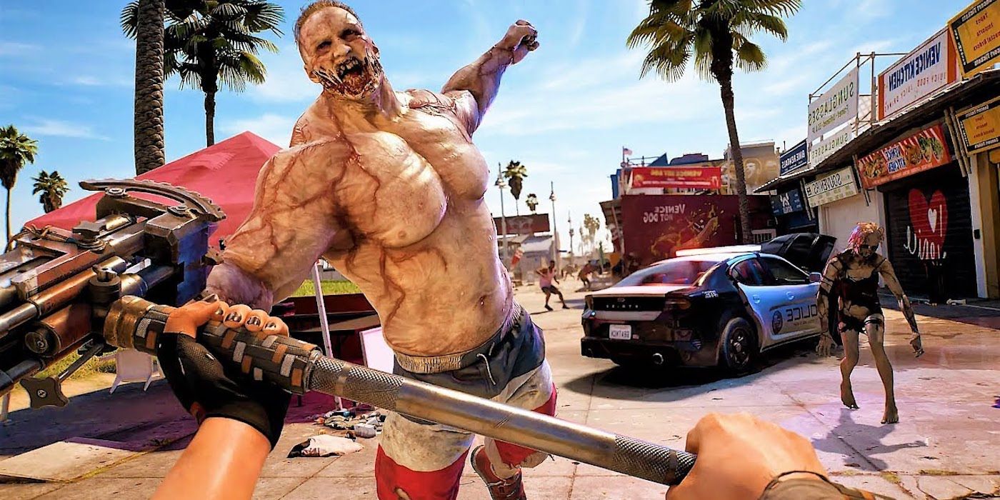 A screenshot from Dead Island 2 showing a buff zombie preparing to punch the player.