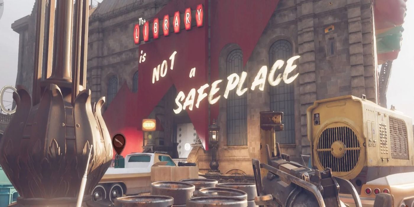 Deathloop's Updaam Library, where the words "Not A Safe Place" appear superimposed to Colt.