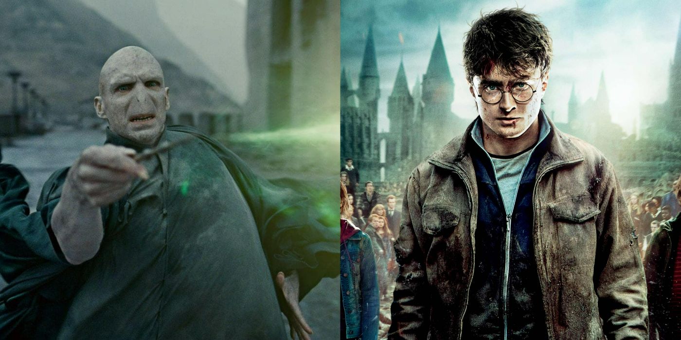 A split image showing Voldemort casting the Killing Curse on the left and Harry looking battle worn on the right from Harry Potter and the Deathly Hallows Part 2 