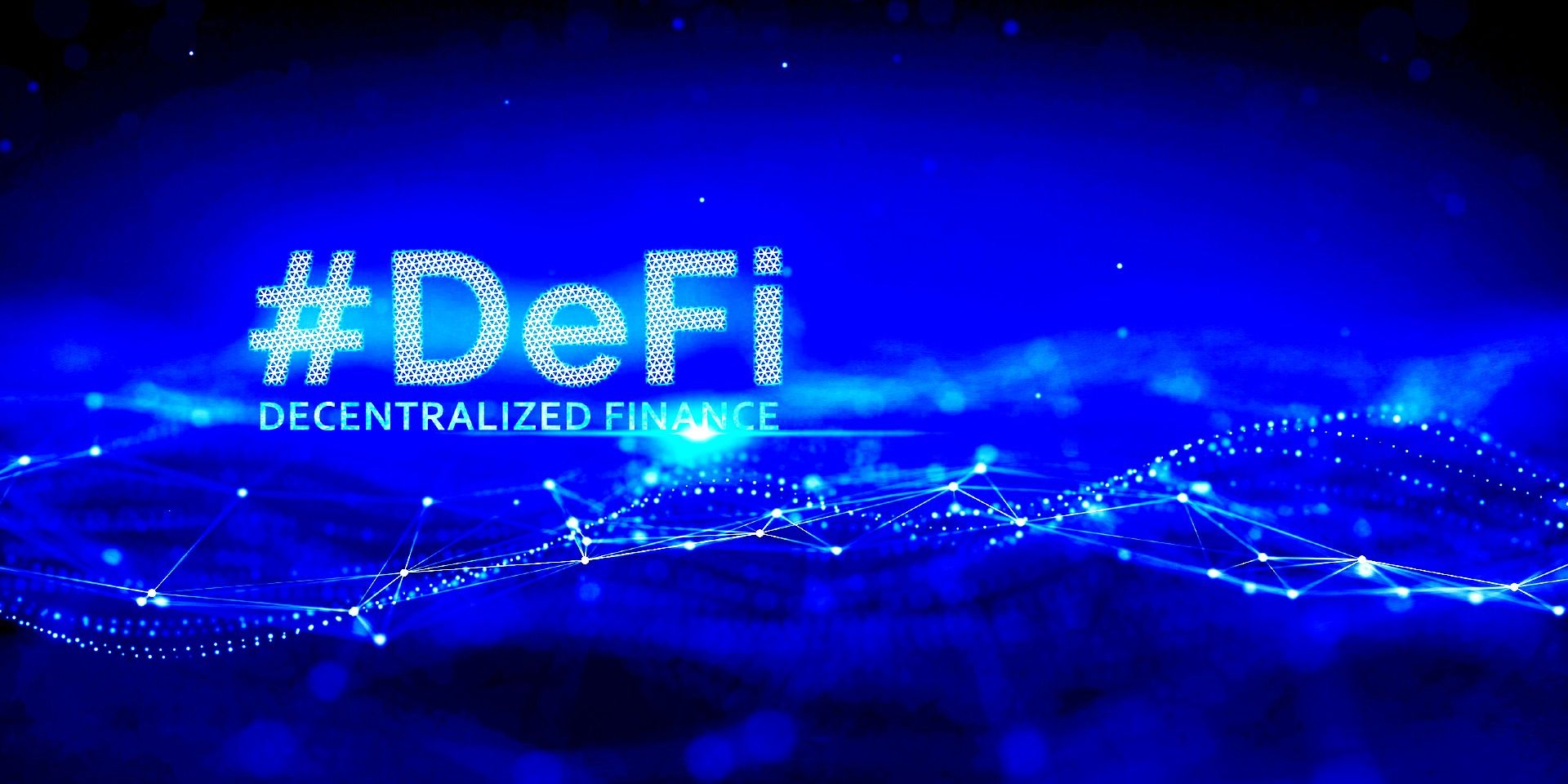 &quot;#DeFi Decentralized Finance&quot; text over blue digital fabric art