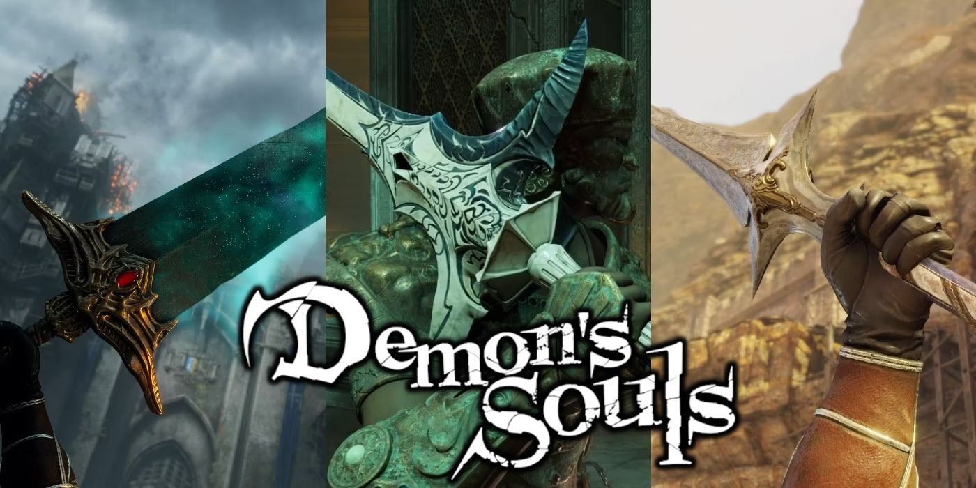 Images of three intricately designed Demon's Souls swords side by side - the Large Sword of Moonlight, Northern Regalia, and Blueblood Sword 