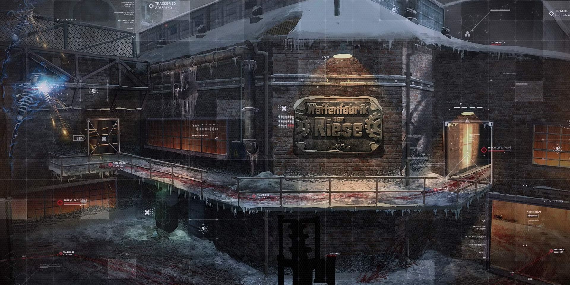 Exterior of building labeled Waffenfabrik Der Riese from the Der Riese zombies map from Call of Duty Black Ops 3.