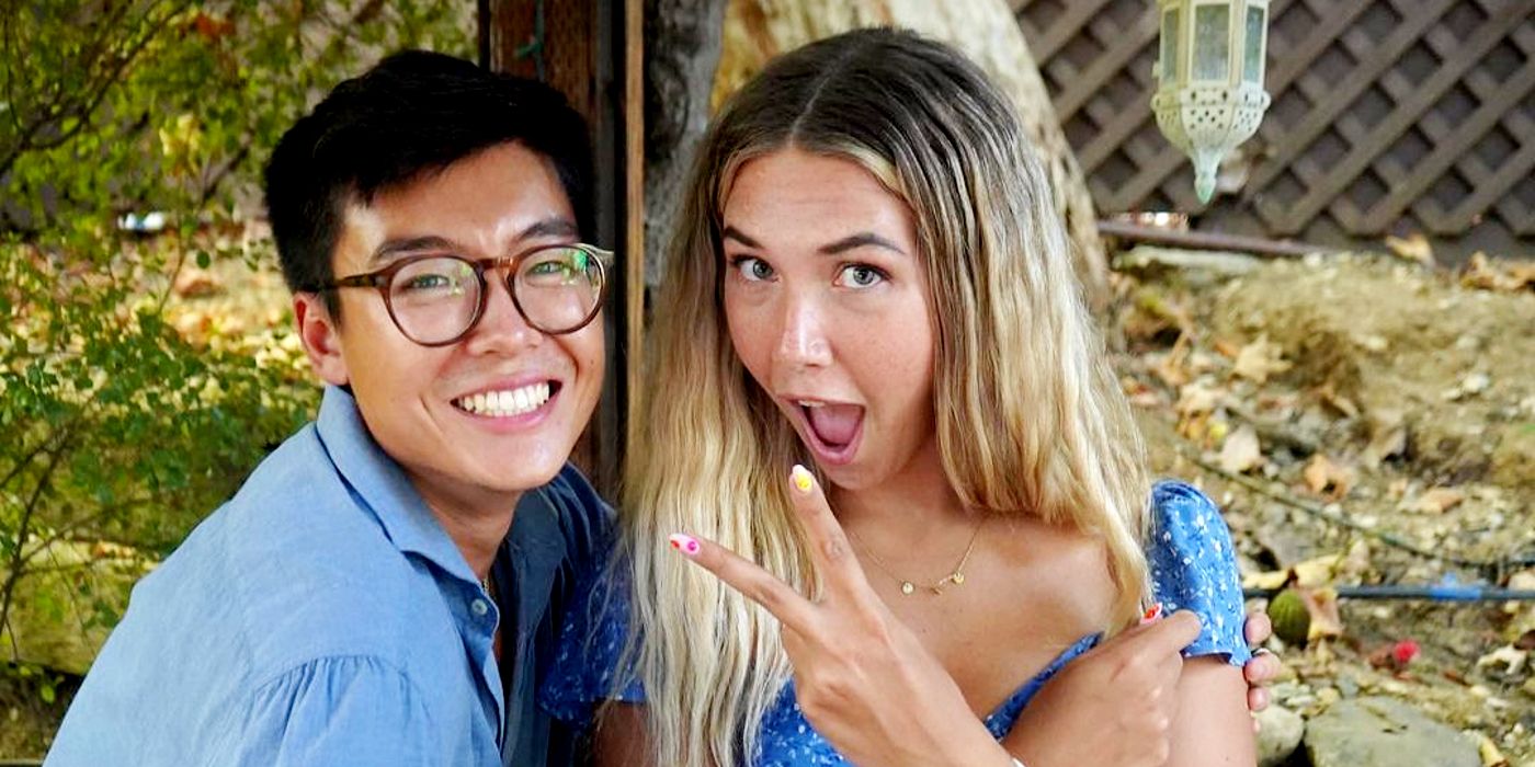 Derek Xiao and Claire Rehfuss from Big Brother with Derek smiling and Claire holding up her hands in peace sign.