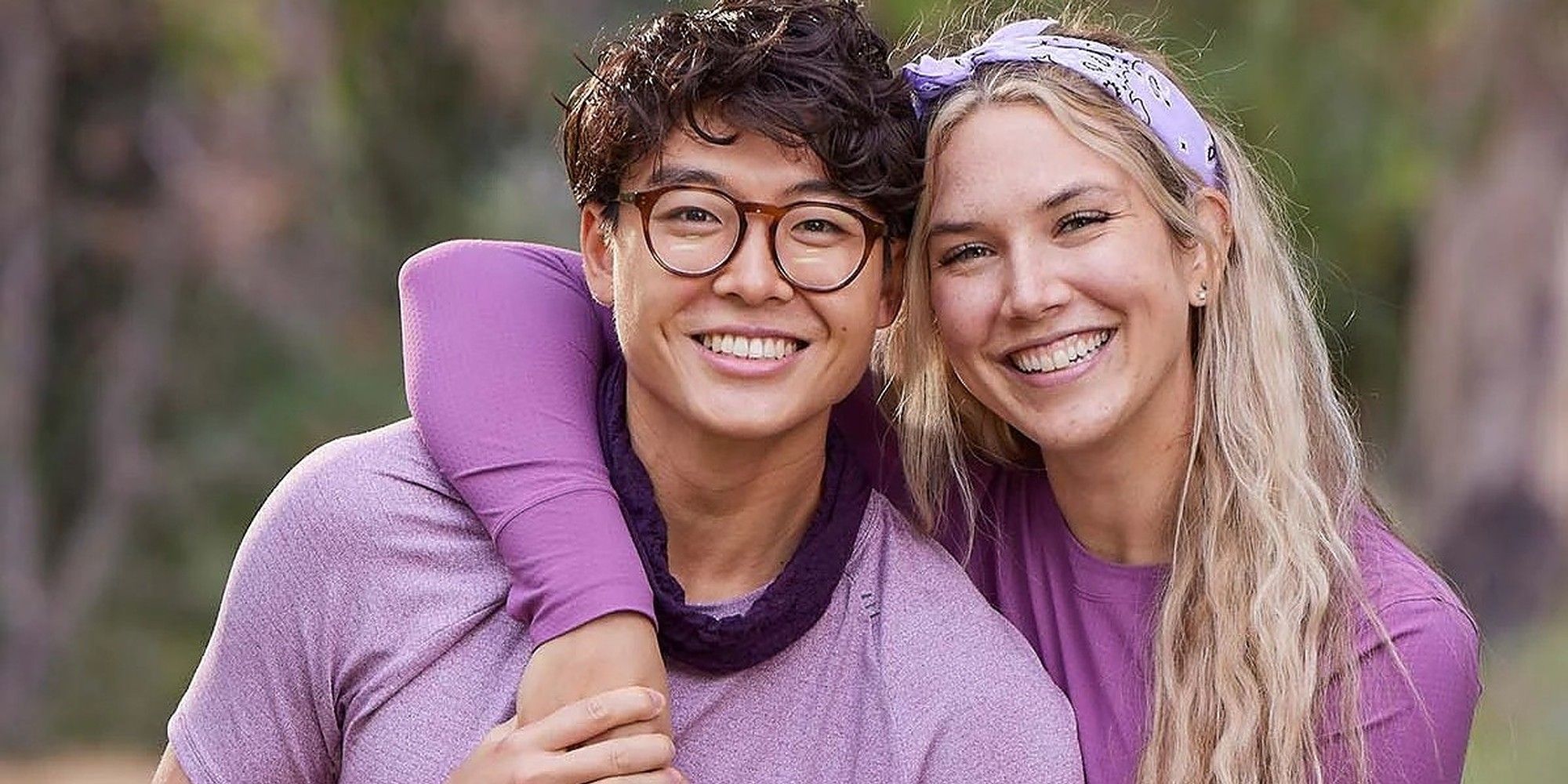 Derek Xiao and Claire Rehfuss from Big Brother 23 and The Amazing Race 34 smiling in purple team gear and Claire's arm around Derek.