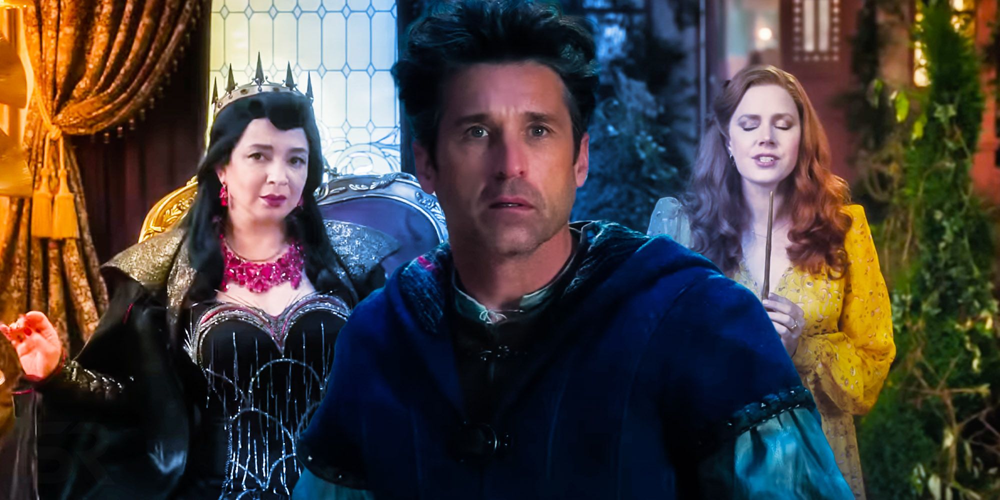 Maya Rudolph as Malvina Monroe, Amy Adams as Princess Giselle, and Patrick Dempsey as Robert in Enchanted 2/Disenchanted.