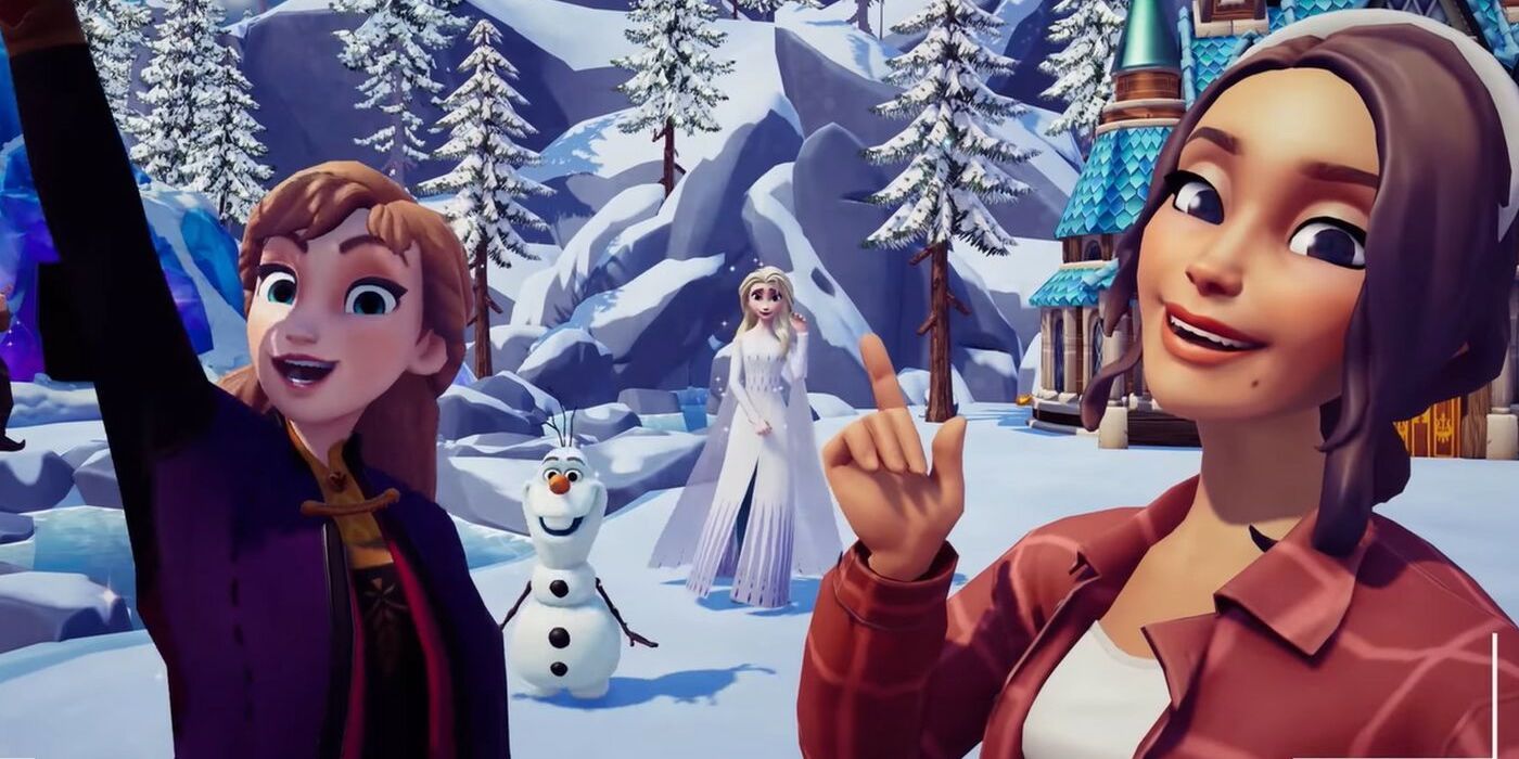 Anna, Olaf, and Elsa in Disney Dreamlight Valley