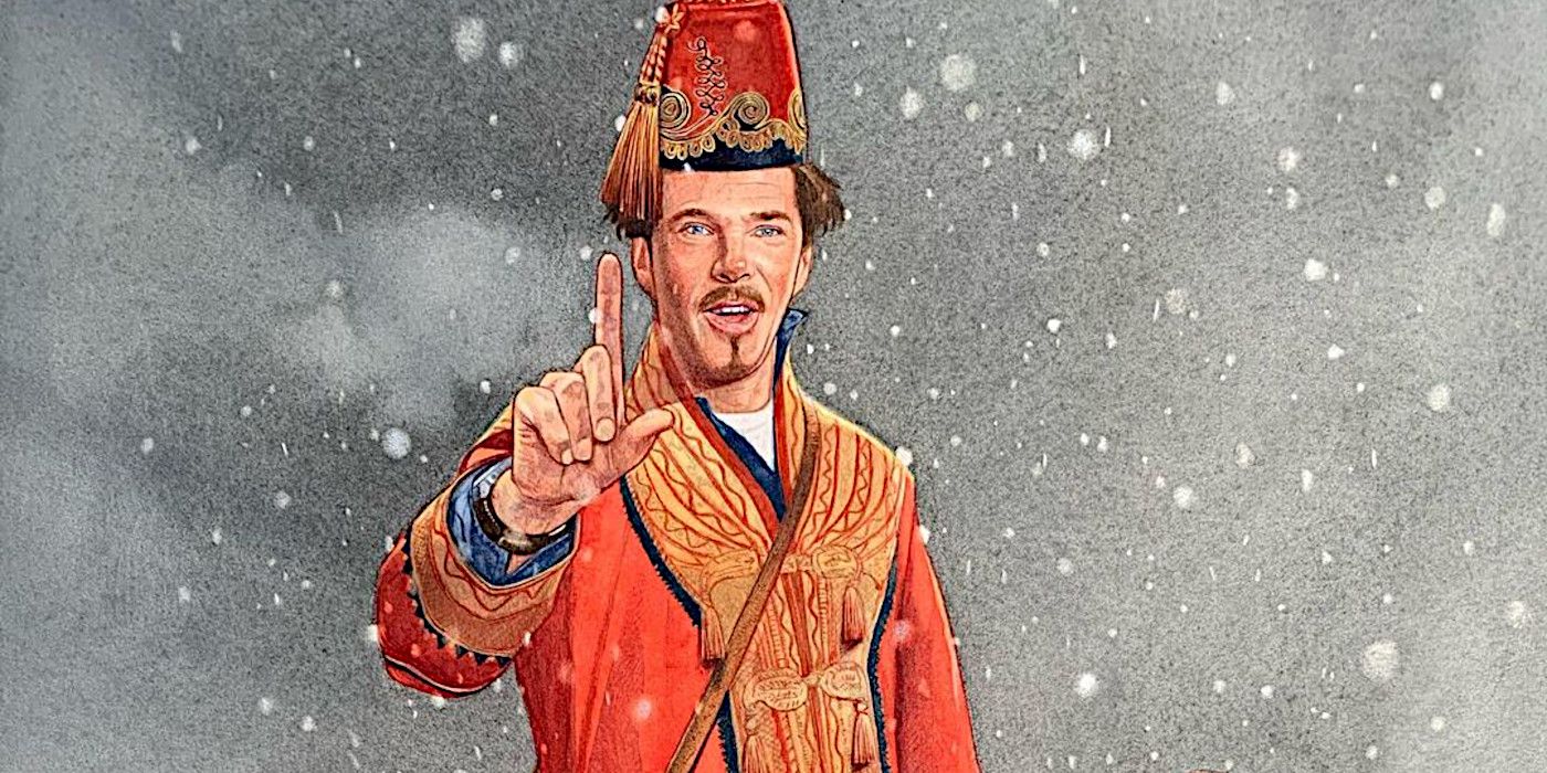 Concept art showing Bendedict Cumberbatch as Dr. Strange dressed in an outrageous street magician outfit complete with fez