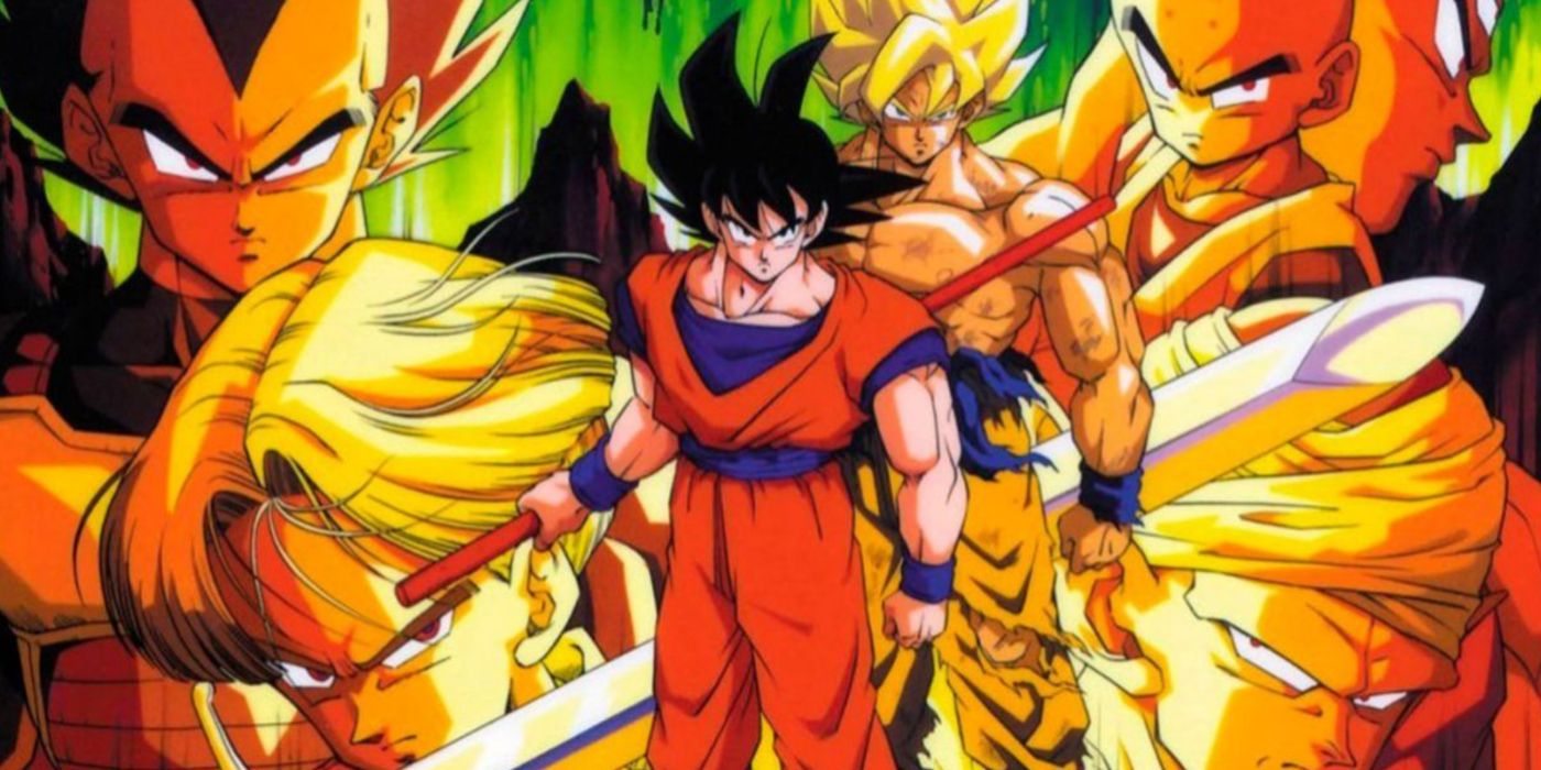 Arte chave de Dragon Ball Z com Goku e o elenco de apoio do anime.