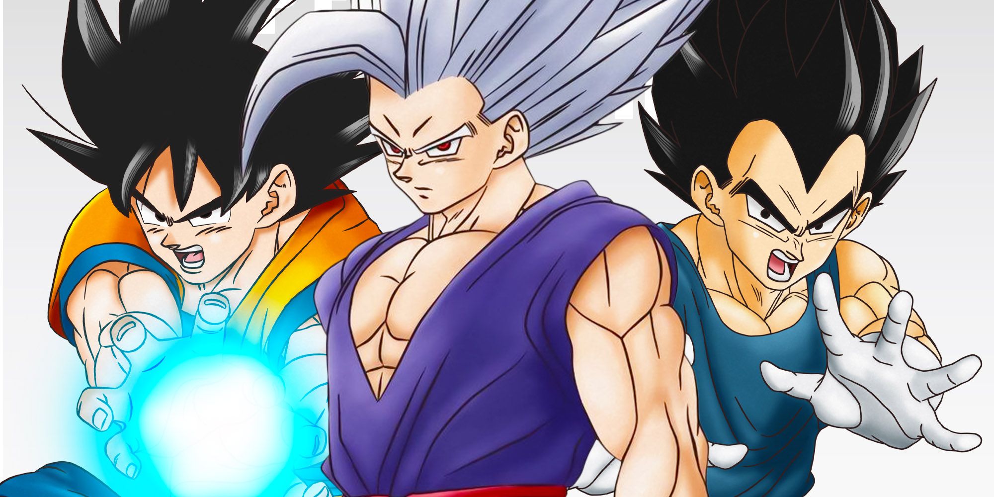 Dragon ball super collage image featuring Super Hero Beast Gohan, Goku, and Vegeta against a white background.