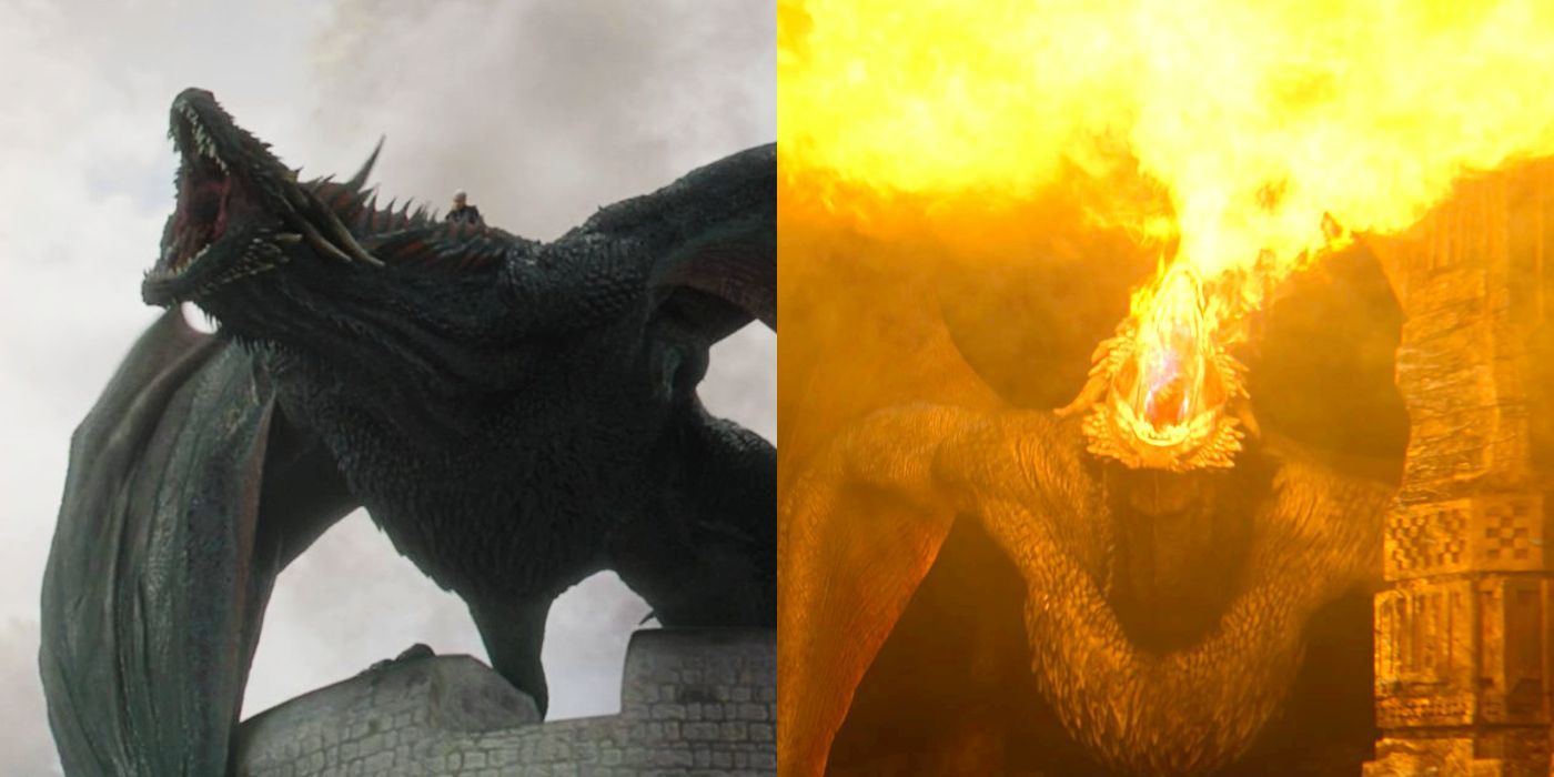 Drogon em Game of Thrones e Dreamfyre em House of the Dragon