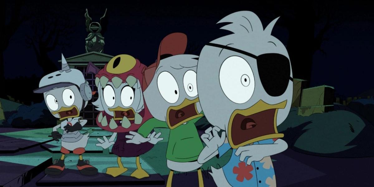 Huey, Duey, and Luey being scared in Ducktales