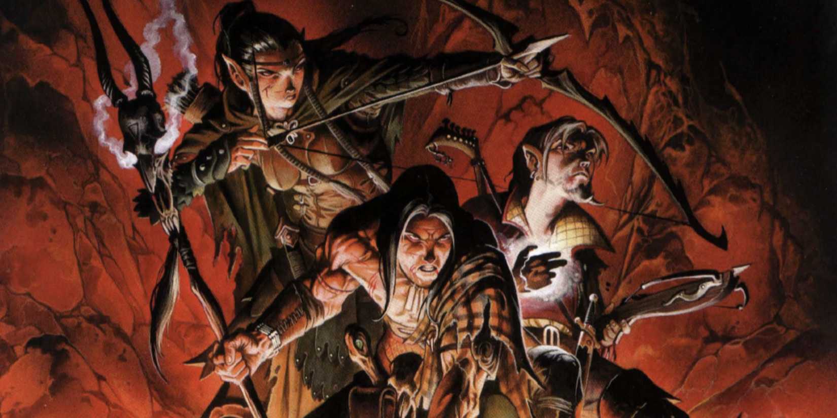 A picture of a D&D third edition DM screen featuring several characters of different classes, including a ranger, rogue, and wizard.