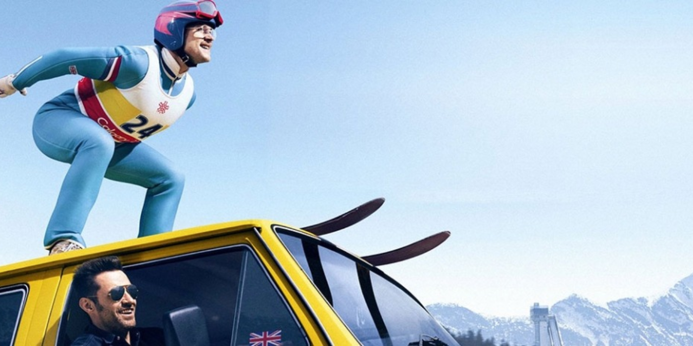 Eddie the Eagle on top of a car