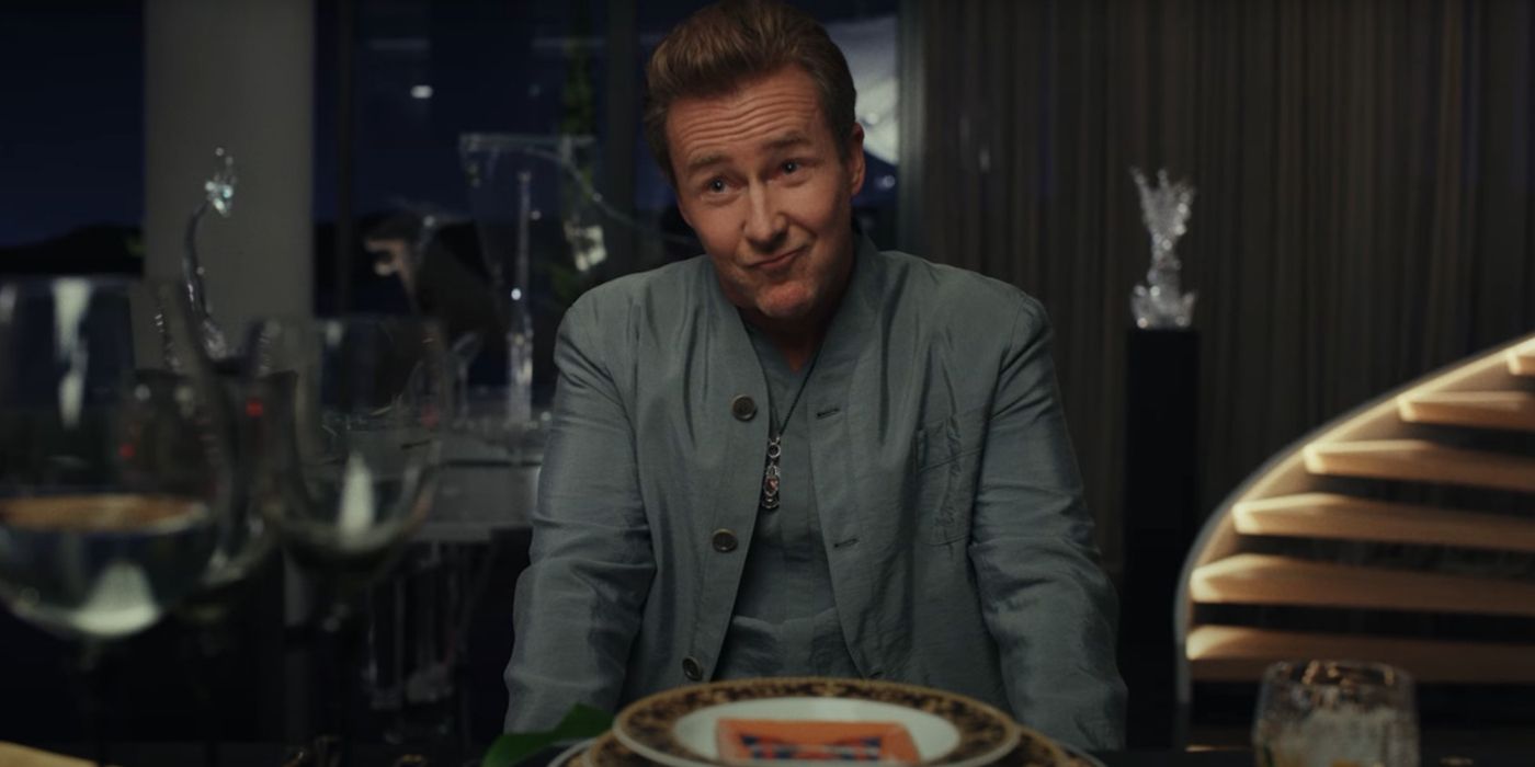 Edward Norton smirks in Glass Onion