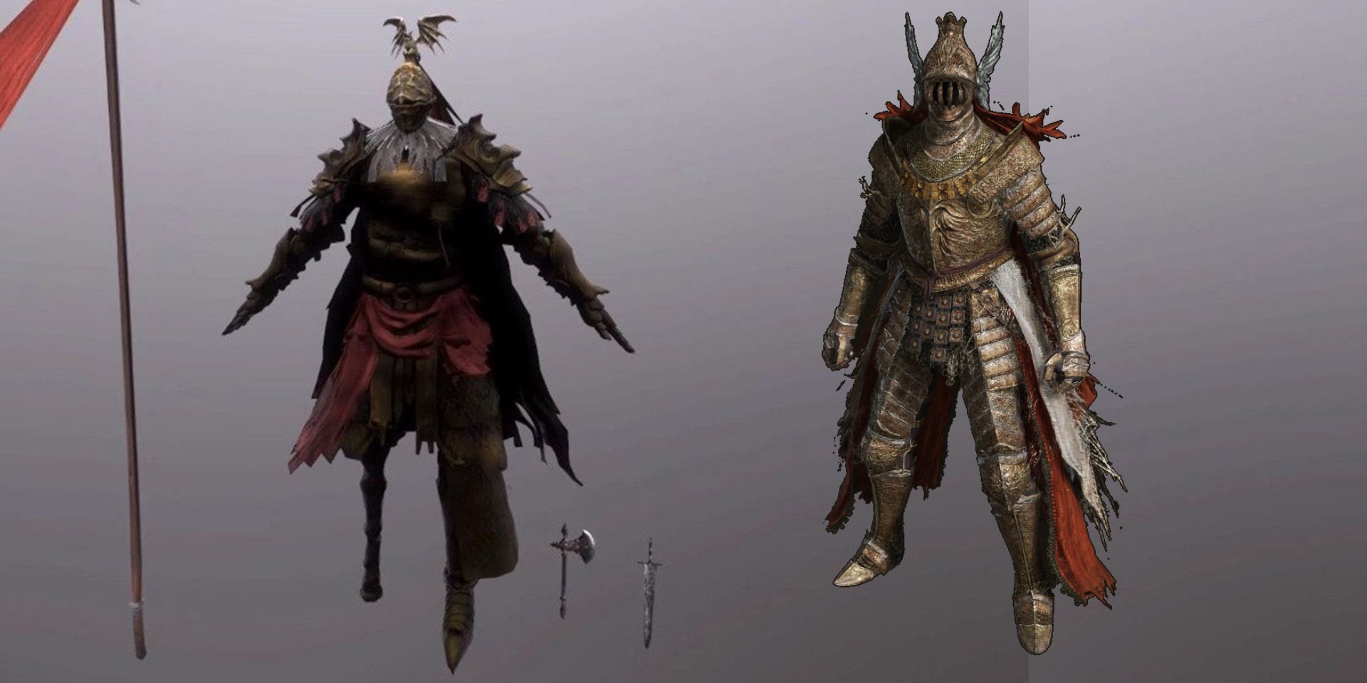 Comparación entre un modelo enemigo recortado de Bloodborne y la armadura que inspiró en Elden Ring.