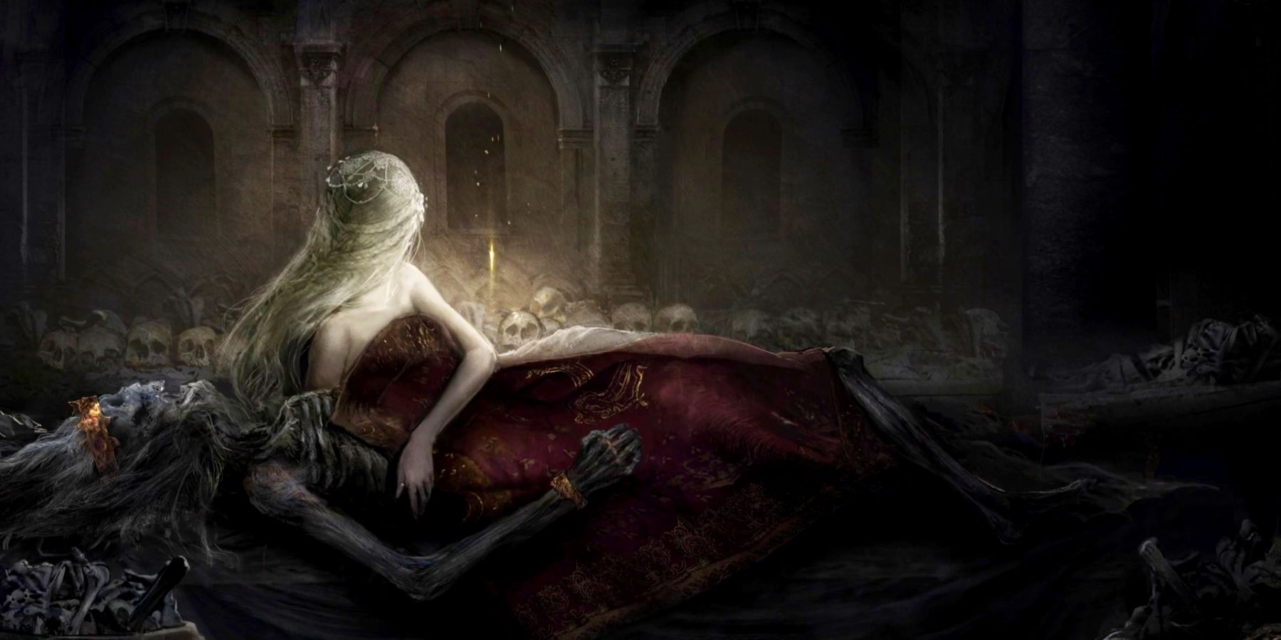 Uma imagem de Fia, Deathbed Companion da cena de abertura de Elden Ring, mostrando-a deitada ao lado de um cadáver coroado em meio a muitos outros crânios.