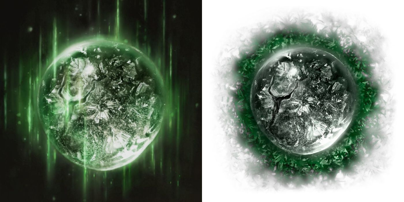 Split image of the Greenburst and Greenspill Crystal Tear icons in Elden Ring.