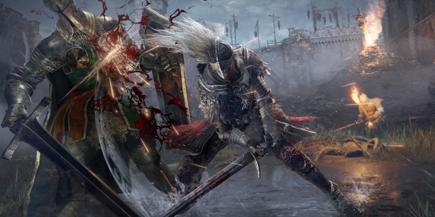 The Tarnished slashing at an armored enemy in Elden Ring key art.
