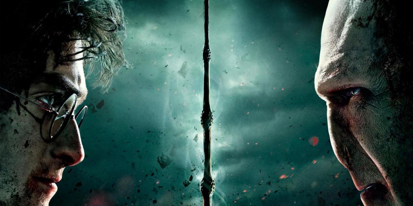 Harry and Voldemort looking at the Elder Wand in Harry Potter