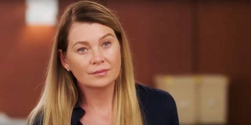 Ellen Pompeo as Meredith Grey looking serious in Grey's Anatomy season 19