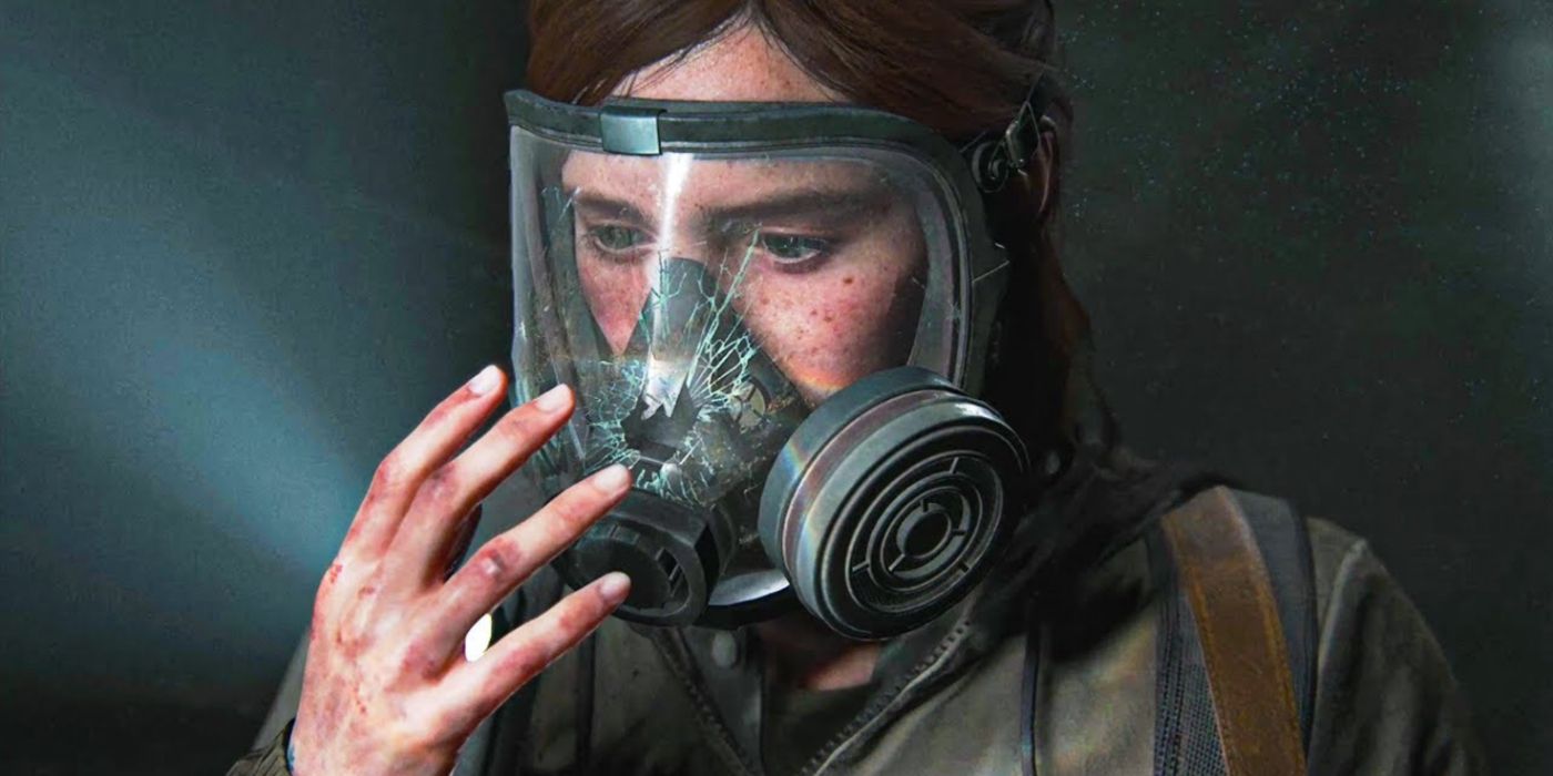 Ellie com uma máscara de gás quebrada em TLOU 2