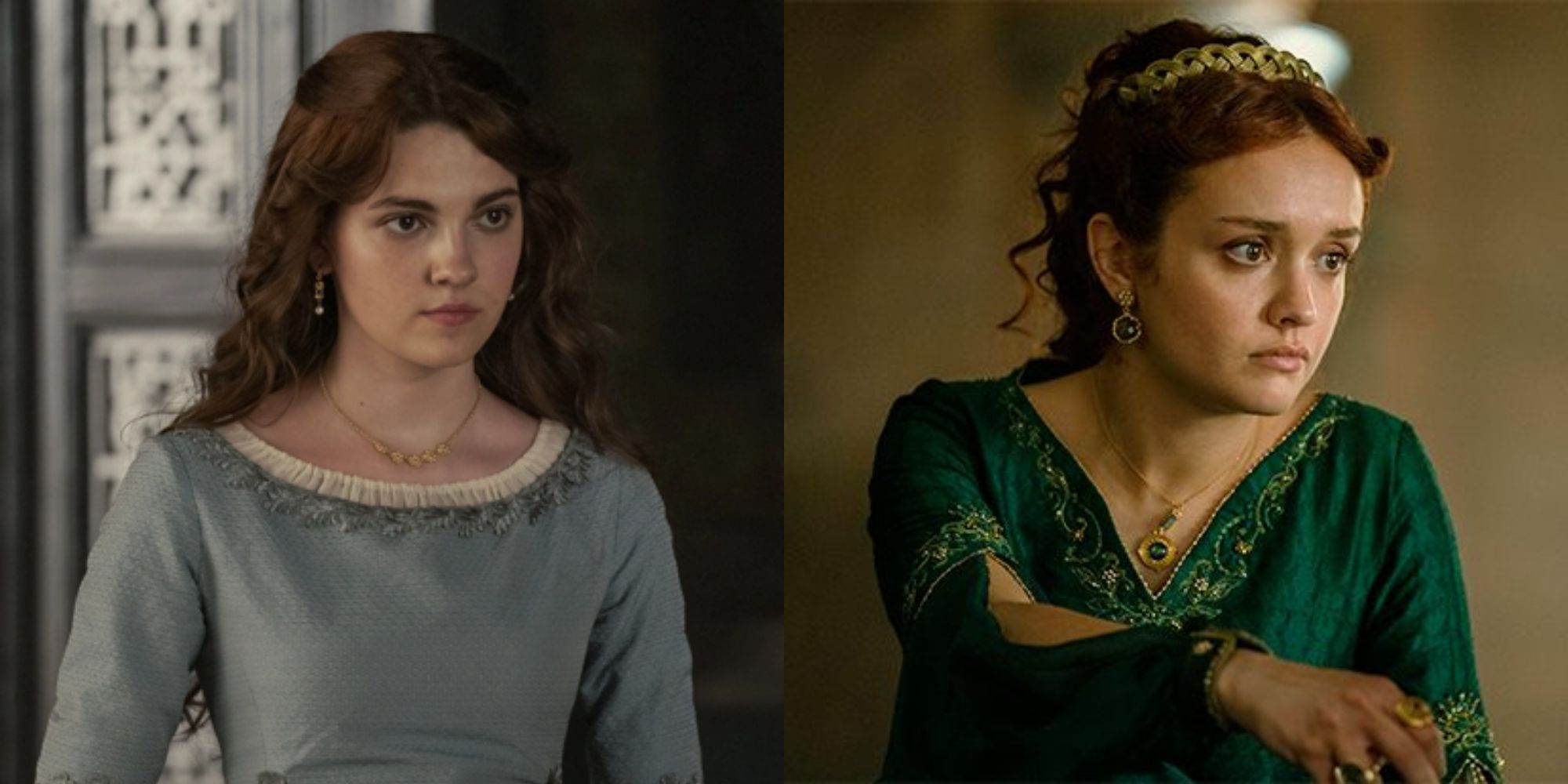 Split image showing Alicent Hightower as a girl and as a grown woman in House of the Dragon.
