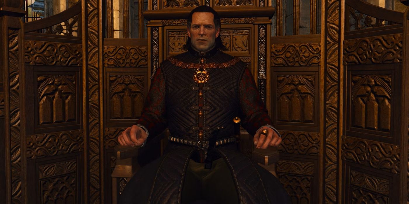 Emperor Emhyr sitting on his throne in The Witcher 3.