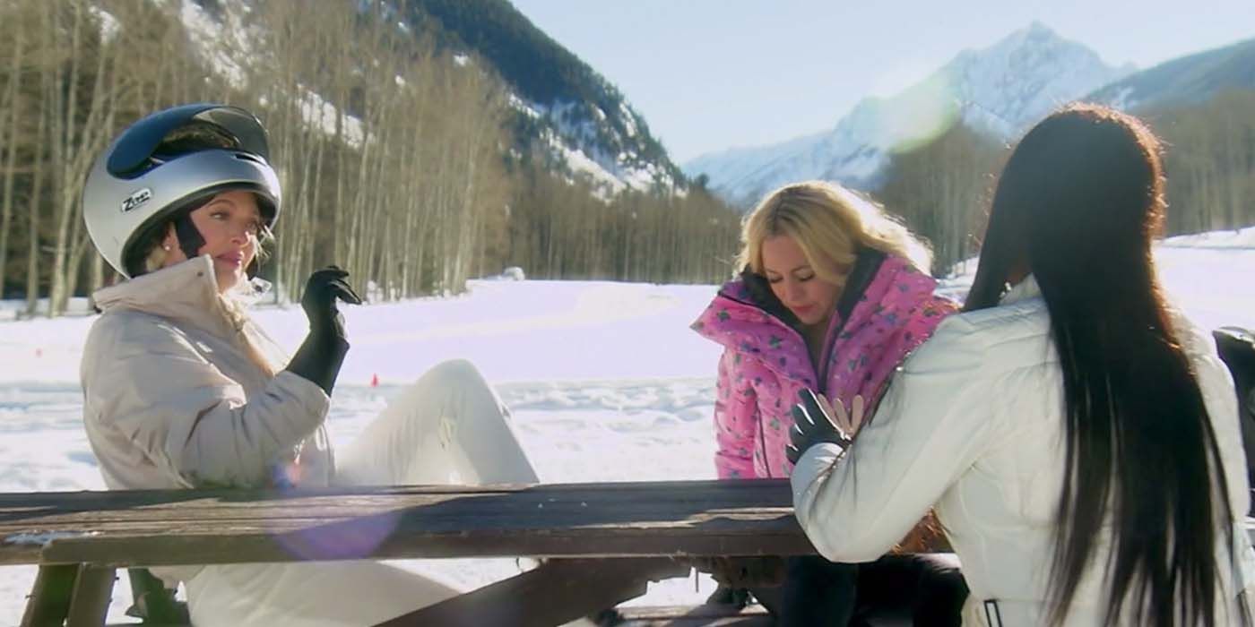 Erika, Sutton, and Garcelle talking after snowmobiling in RHOBH 