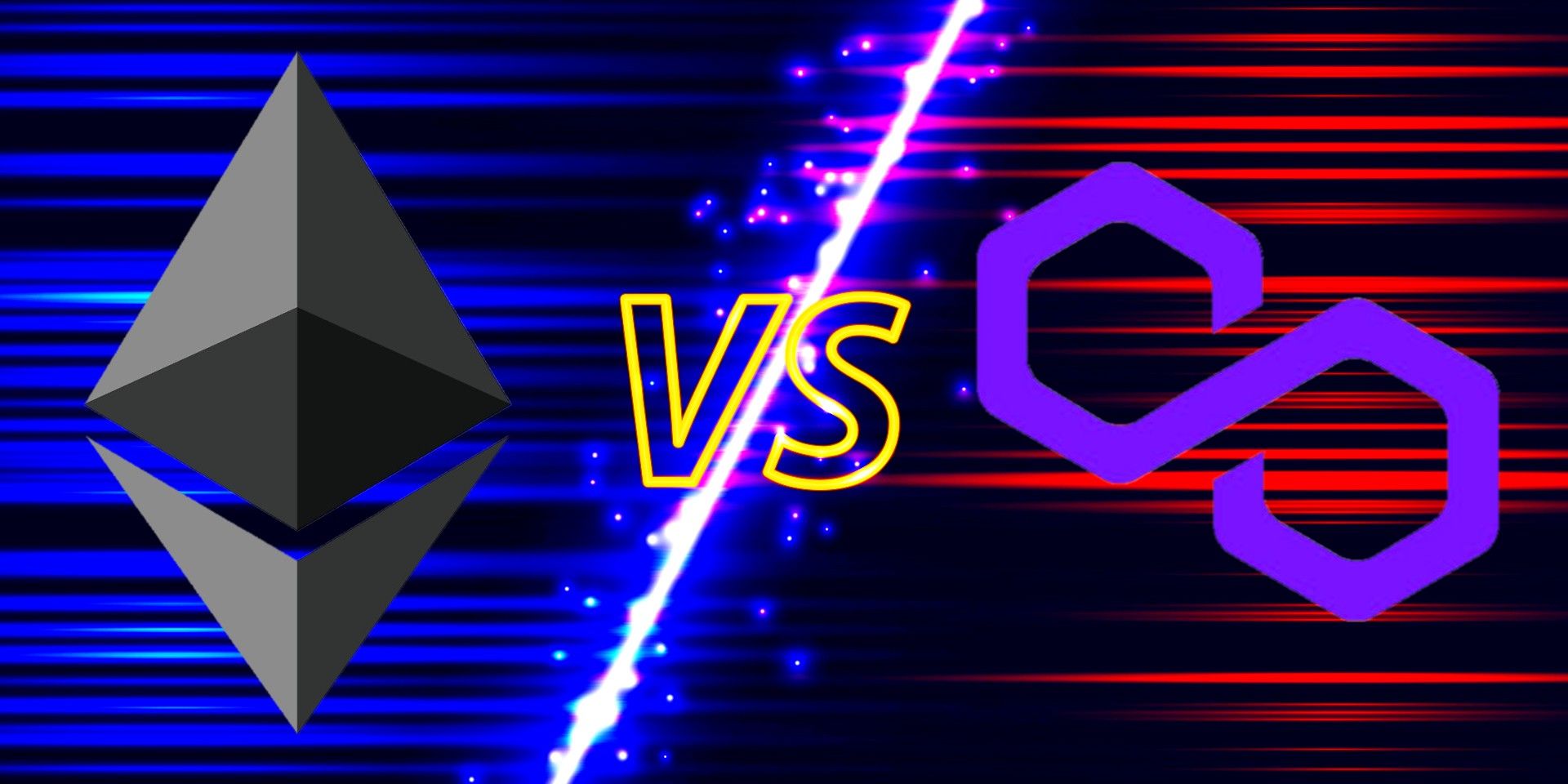 Ethereum logo with blue background on left, "VS" letters with bright energy line in center, Polygon logo with red background on right